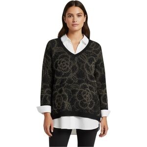 Ruby Rd. Black and Gold Metallic Floral Layered V-Neck Top